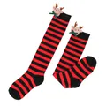 Red and black striped Christmas long socks featuring a cute 3D plush reindeer doll - Kids (7-12 Years) / Thin Red Black Stripes / Bow Reindeer