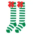 Festive Christmas green and white striped girls' knee-high socks featuring red satin bow - Kids (7-12 Years) / Green and White Stripes/Red Bow