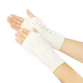 White knitted fingerless gloves with cable knit and hollow-out pattern for winter - One Size / White