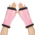 Macro view of pink cable-knit fingerless gloves with soft grey faux fur trim detail - One Size / Pink