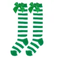 Festive kids green and white striped knee high socks with large satin bow for Christmas - Kids (7-12 Years) / Green and White Stripes/Green Bow