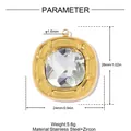 Detail view of gold stainless steel square pendant with zircon dimensions and weight info - Square Radial (YK402-1) / Gold (Clear Rhinestones)