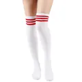 Detailweergave van witte over-de-knie sokken met een klassiek rood drie-strepen patroon - Eén maat / Wit Rode Balk 4