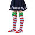 Cute striped girls Christmas over-the-knee socks with green satin bows and white pom-poms - Children (7-12 Years) / Blue Red Stripe With Green Pom-pom (2#)