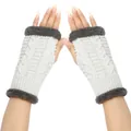 Detailed view of white cable knit fingerless gloves with soft grey faux fur trim border. - One Size / White