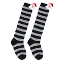 Close-up detail of kids' Christmas socks featuring Santa Claus doll and stripes - 7-12 Years Old / Gray Black Striped Santa Style