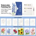 All-in-one watercolor painting set with 12 colors and 6 floral line drawings - Flower World Jungle / 6 Sheets + 12 Colors + 1 Brush