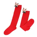 Festive red knee-high Christmas socks for kids with cute plush reindeer doll ornament - Kids (7-12 Years) / Solid Red / Bow Reindeer