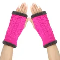 Close-up of pink cable-knit fingerless gloves with grey plush trim for autumn and winter warmth - One Size / Fluorescent Red