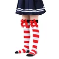 Girls' Christmas red and white striped over-the-knee socks with red bow and pom-poms - Children (7-12 Years) / Red White Black Stripe With Red Pom-pom (3#)