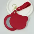 Cute red bear-shaped PU leather pocket mirror keychain with rotating cover for travel - Bear Head Shape / Red