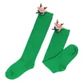 Vibrant green festive knee-high Christmas socks for kids with cute reindeer doll decor - Kids (7-12 Years) / Solid Green / Bow Reindeer