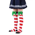 Festive red and white striped girls' Christmas over-the-knee socks with green bows - Children (7-12 Years) / Red White Black Stripe With Green Pom-pom (4#)