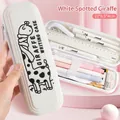 White giraffe patterned kids stationery pencil case with multi-layer internal organizers - White Black Spotted Giraffe