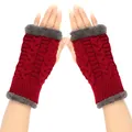 Detail of red cable-knit arm warmers featuring plush grey faux fur trim and lining - One Size / Burgundy