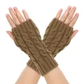 Warm winter cable knit fingerless gloves in brown acrylic yarn for men and women - One Size / Khaki