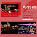 Cityscape night scene scratch painting set with 2 patterns and plastic pen - City Building / 2 Sheets