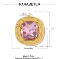 Detailed dimensions of a square gold stainless steel pendant with a pink zircon stone. - Gold (Pink Stone)