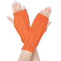 Winterwarme orangefarbene Strickhandschuhe ohne Finger für Damen und Herren mit Zopfmuster - Einheitsgröße / Kürbisorange
