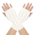 Warm white cable-knit fingerless gloves with twist pattern for winter outdoor use - One Size / White