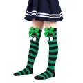 Girls Christmas over-the-knee striped socks with green bow and white pompoms. - Children (7-12 Years) / Green Black Stripe With Green Pom-pom (8#)