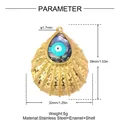 Detalle de dimensiones y materiales para colgante ojo turco de acero inoxidable y concha - YK448 (Abanico Mal de Ojo Abalone)