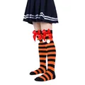 Girls' orange and black striped over-the-knee socks with red bows and white pompoms - Children (7-12 Years) / Orange Black Stripe With Red Pom-pom (9#)