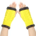 Detailed view of yellow thick knitted fingerless gloves with grey faux fur trim for winter. - One Size / Yellow