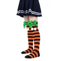 Girls' over-the-knee Christmas socks featuring orange stripes, green bows and pom-poms. - Children (7-12 Years) / Orange Black Stripe With Green Pom-pom (10#)