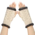 Detail shot of thickened knitted fingerless gloves with plush trim for winter warmth - One Size / Light Beige