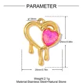 Macro detail view of gold dripping heart pendant with pink stone and size dimensions - Melting Double Heart Pink Stone (YK365-3)