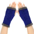 Detail of blue cable-knit fingerless gloves with grey faux-fur trim on white background - One Size / Bright Blue