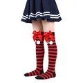Girls Christmas over-the-knee socks with red bows and white pom-poms on red and black stripes - Children (7-12 Years) / Thin Red Black Stripe With Red Pom-pom (15#)