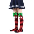Cute girls' Christmas striped socks with green satin bows and white poms for holiday outfits - Children (7-12 Years) / Thin Red Black Stripe With Green Pom-pom (16#)