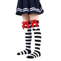 Girls black and white striped over-the-knee Christmas socks with large red bows and pom-poms - Children (7-12 Years) / Wide Black White Stripe With Red Pom-pom (17#)