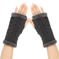 Close-up of dark grey cable knit fingerless gloves with soft faux fur trim detail - One Size / Dark Gray