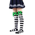 Cute girls' Christmas over-the-knee striped socks with green bow and white pom-poms - Children (7-12 Years) / Wide Black White Stripe With Green Pom-pom (18#)