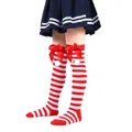 Children's red and white striped Christmas socks with red bows and white pom-poms - Children (7-12 Years) / Red and White Thin Stripes with Red Pom-pom (19#)