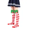 Red and white striped girls Christmas knee-high socks with green bows and pom-poms - Children (7-12 Years) / Red and White Wide Stripes with Green Pom-pom (22#)