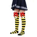 Cute girls yellow and black striped over-the-knee socks with red bows and white pom-poms - Children (7-12 Years) / Black and Yellow Stripes with Red Pom-pom (23#)