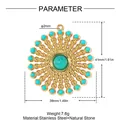 Detail view of sunburst stainless steel pendant with dimensions and material specs - Turquoise Sunburst (YK400-2)