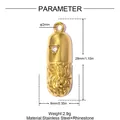 Macro detail and size parameters of gold stainless steel capsule pendant with rhinestone - Gold Capsule Style (YK323-2)