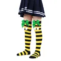 Yellow black striped thigh high socks with green bow and white pom-poms for girls - Children (7-12 Years) / Black and Yellow Stripes with Green Pom-pom (24#)