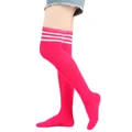 Hoogwaardige felroze over-de-knie sokken met drie witte strepen voor een sportieve dameslook - Eén maat / Fluorescerend Rood met Witte Strepen