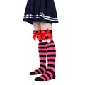 Girls' pink and black striped over-the-knee socks with red bows and white poms - Children (7-12 Years) / Rose Red and Black Stripes with Red Pom-pom (25#)