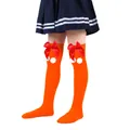 Bright orange girls' over-the-knee Christmas socks featuring red bows and white pom-poms - Children (7-12 Years) / Solid Orange with Red Pom-pom (27#)