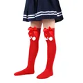 Girls' festive red Christmas over-the-knee socks with bows and white pom-poms - Children (7-12 Years) / Solid Red With Red Pom-pom (29#)