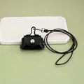 Black mini PU leather coin purse with lanyard necklace, fashionable earphone case storage - Black