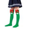 Cute green Christmas over-the-knee socks for girls featuring red bow and white pom-poms - Children (7-12 Years) / Solid Green With Red Pom-pom (31#)