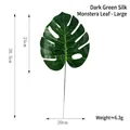 Großes dunkelgrünes künstliches Monstera-Blatt aus Seide mit Maßen und Gewicht, 38,5 cm - Großer Seidenstil / Dunkelgrün